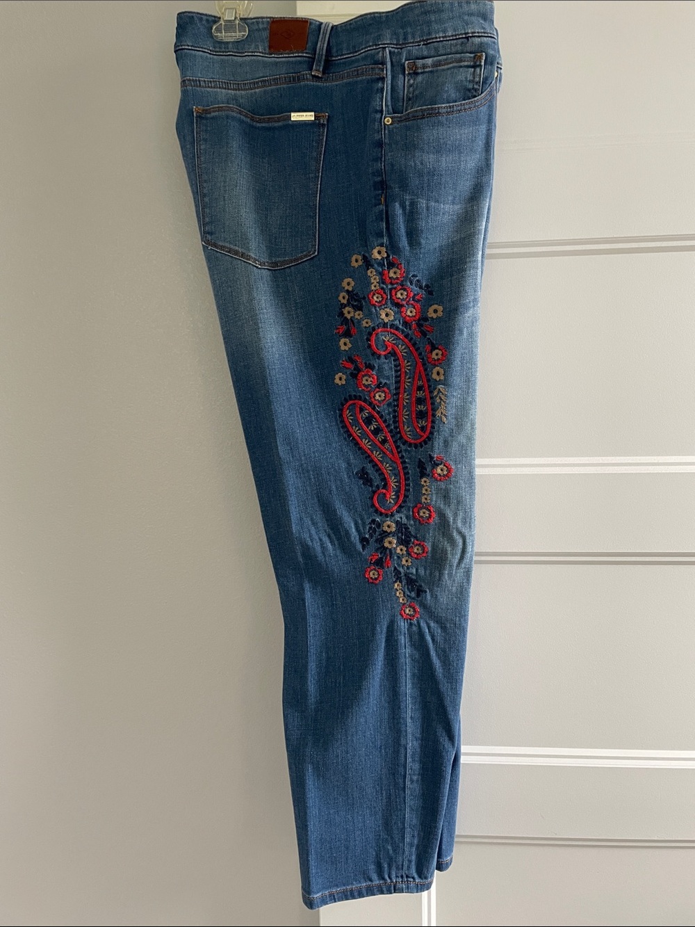 Tommy Hilfiger Medium Blue Cropped Jeans with Red, Navy & Gold Embroidery